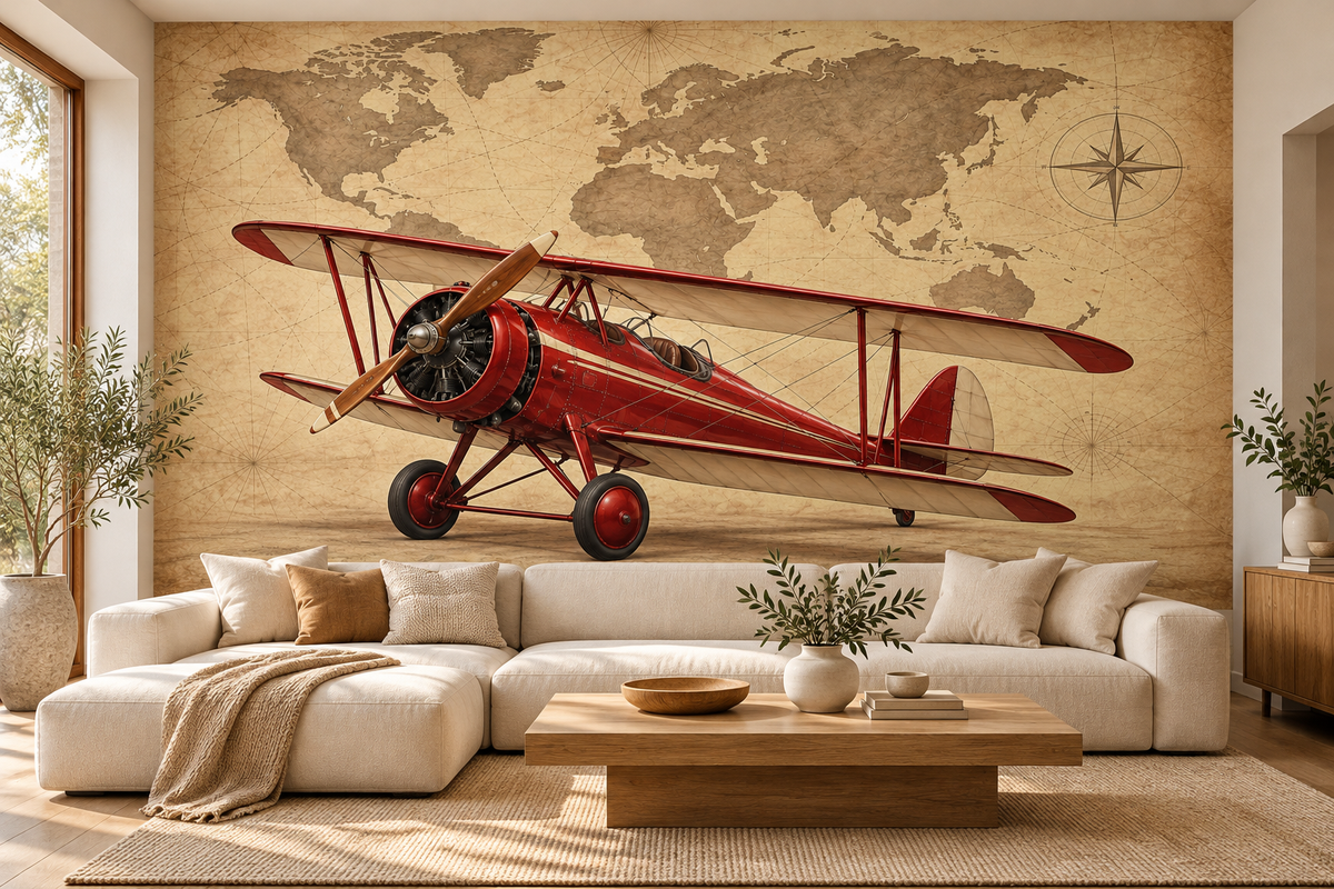 Crimson Barnstormer Antique Map wall mural — living room mockup