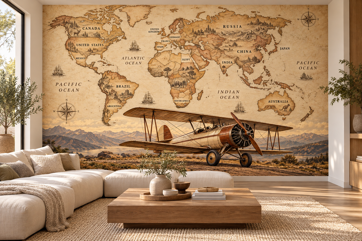 Heritage Biplane Labeled World Atlas — living room mockup