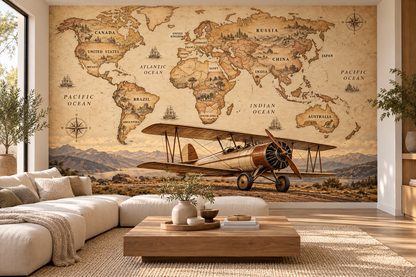 Heritage Biplane Labeled World Atlas — living room mockup