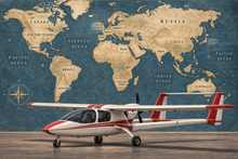 Twin Boom Horizon airplane and labeled world map mural artwork