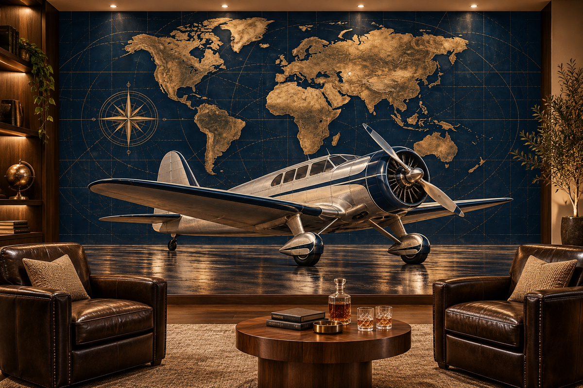 Midnight Aviator Brass Atlas wall mural — aviation lounge mockup