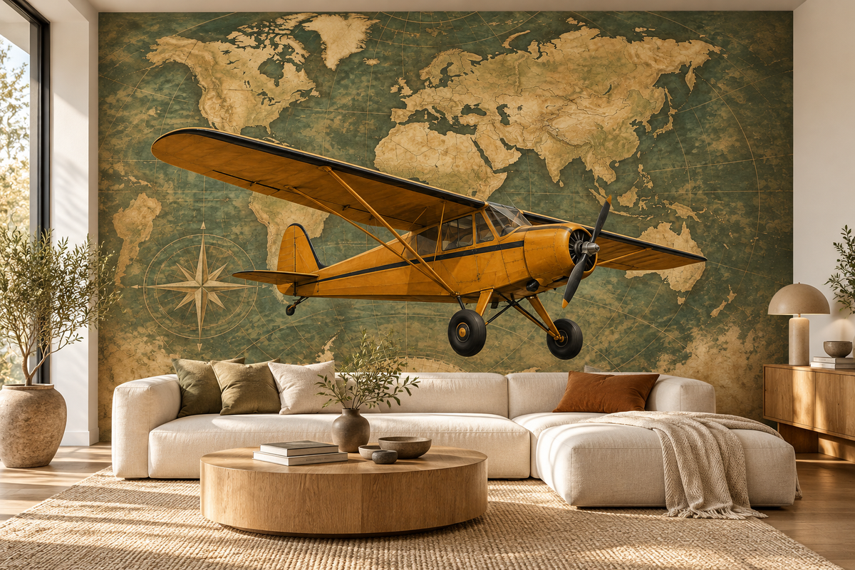 Golden Age Explorer World Map wall mural — living room mockup