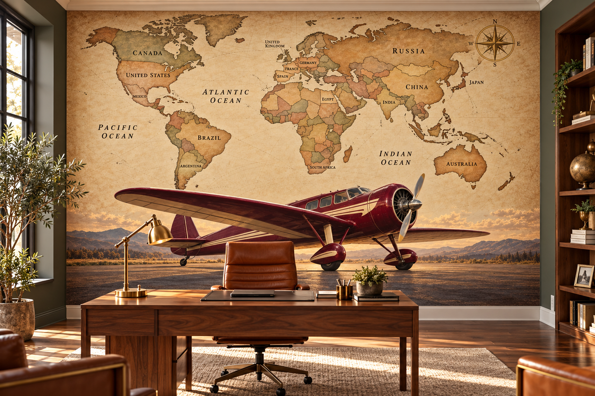 Burgundy Explorer Labeled World Map — home office mockup