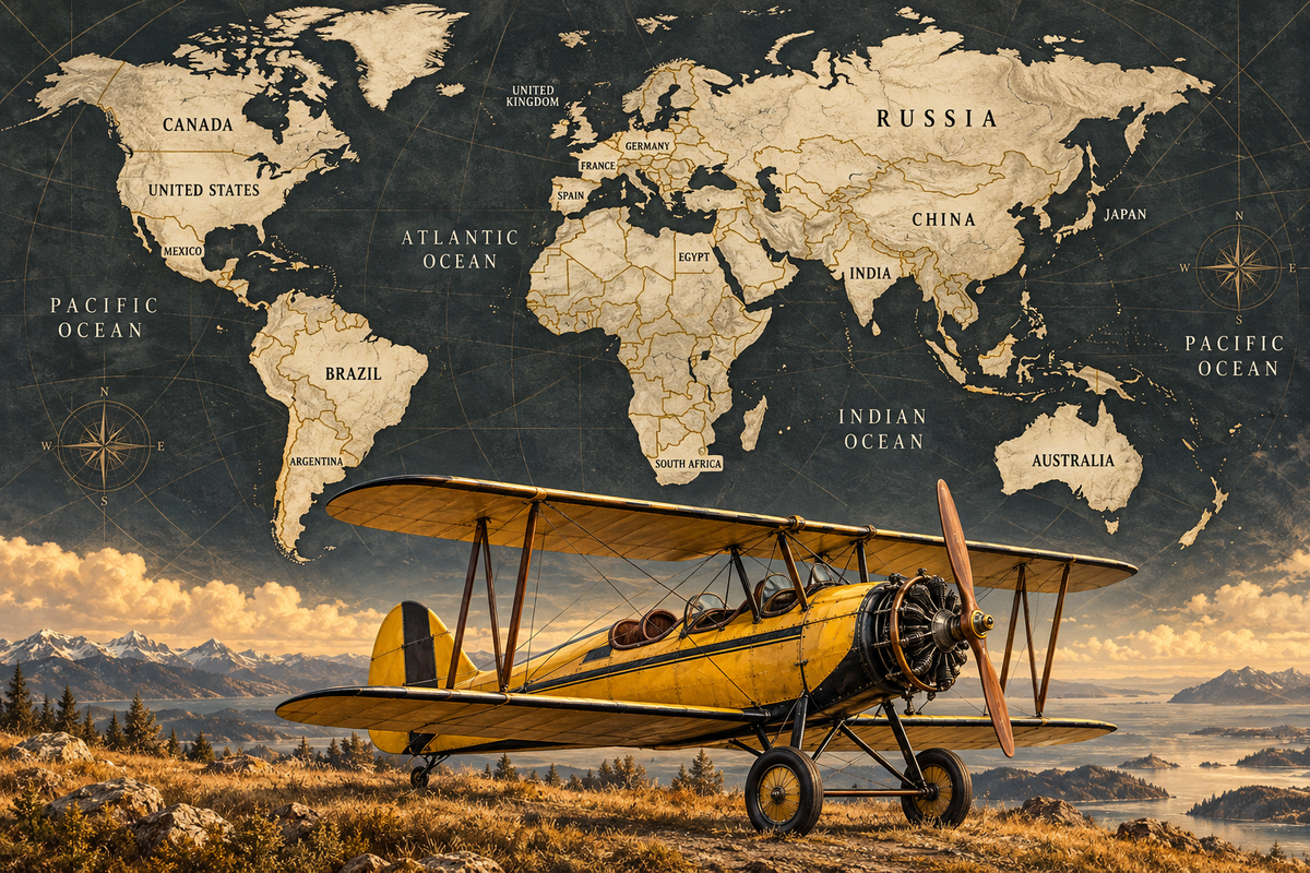 Golden Wings Labeled World Atlas airplane mural with country and ocean names
