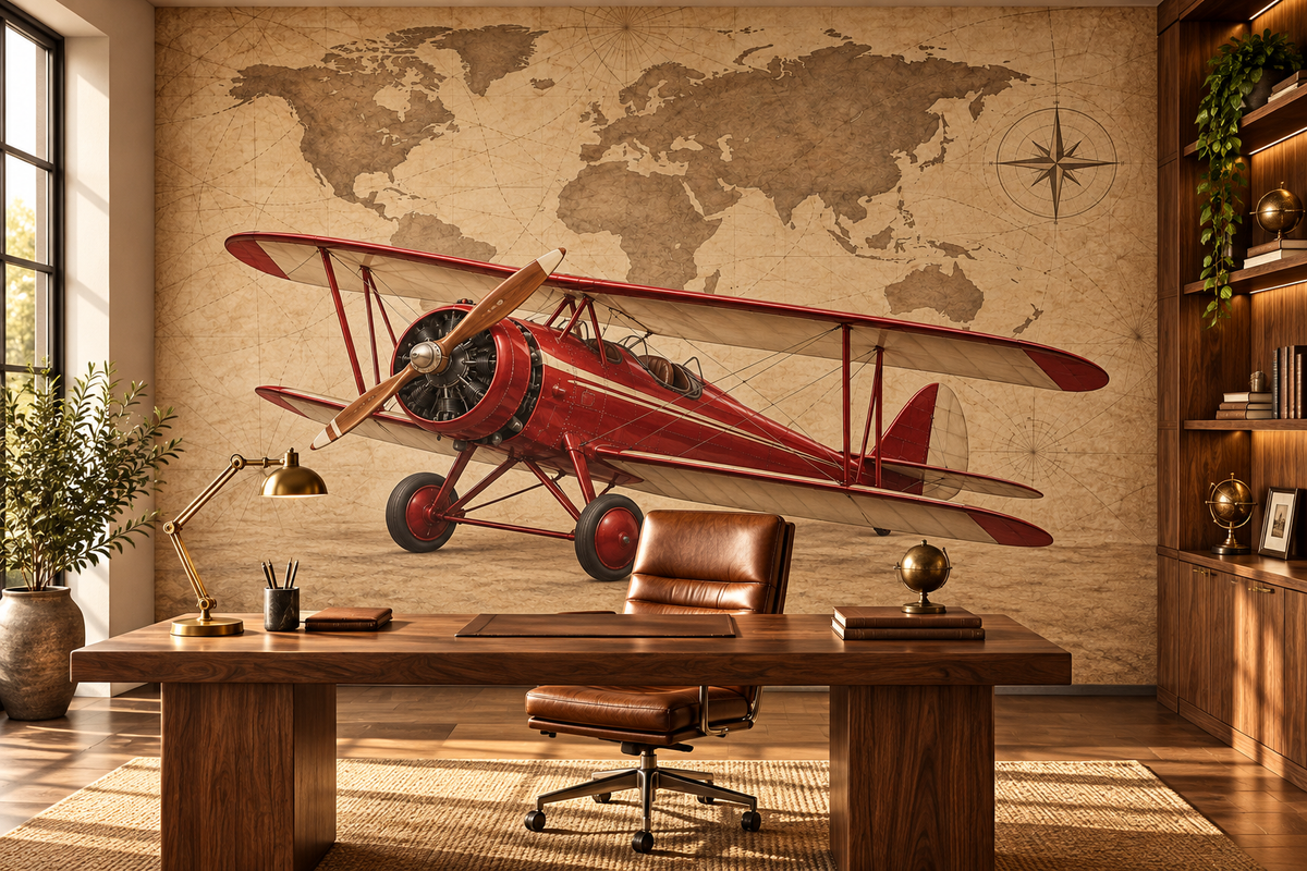 Crimson Barnstormer Antique Map wall mural — home office mockup