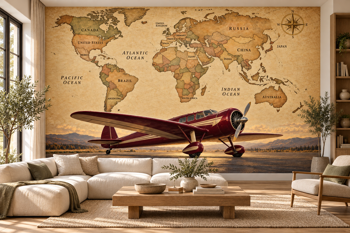 Burgundy Explorer Labeled World Map — living room mockup