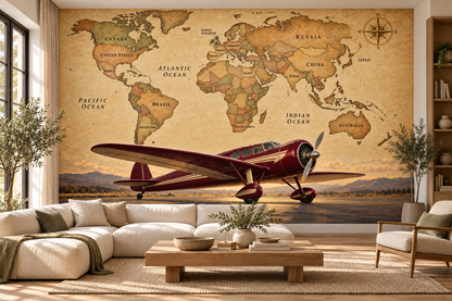Burgundy Explorer Labeled World Map — living room mockup
