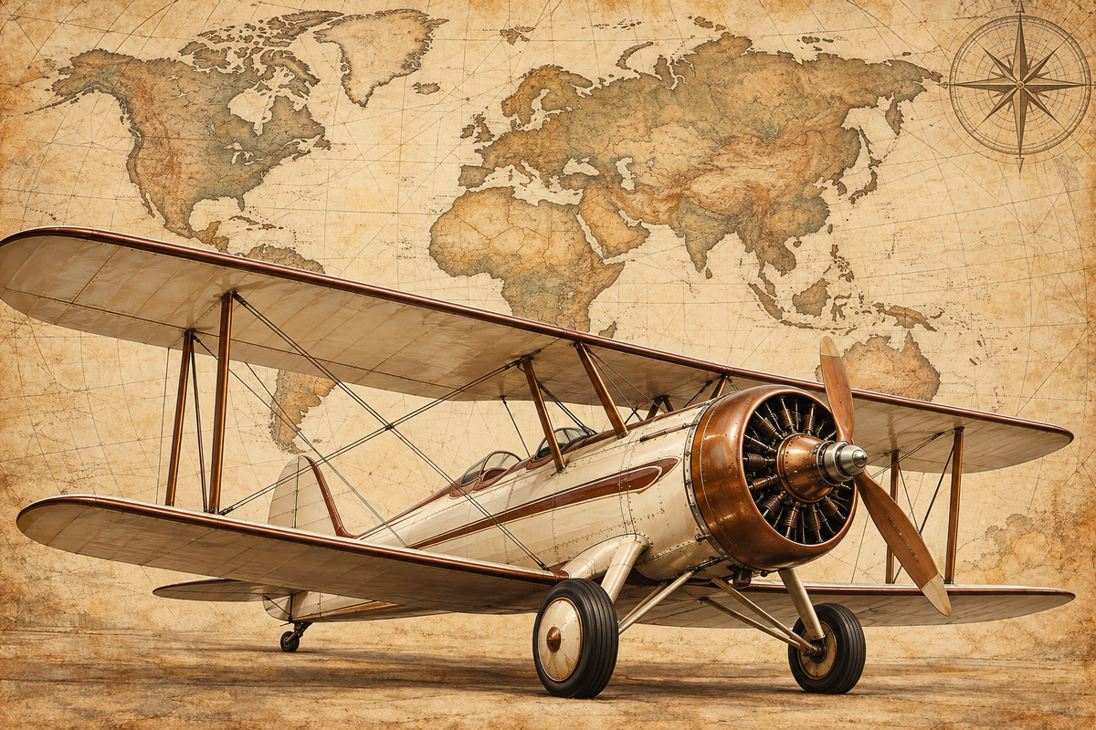Antique Atlas Biplane airplane and decorative world map mural artwork