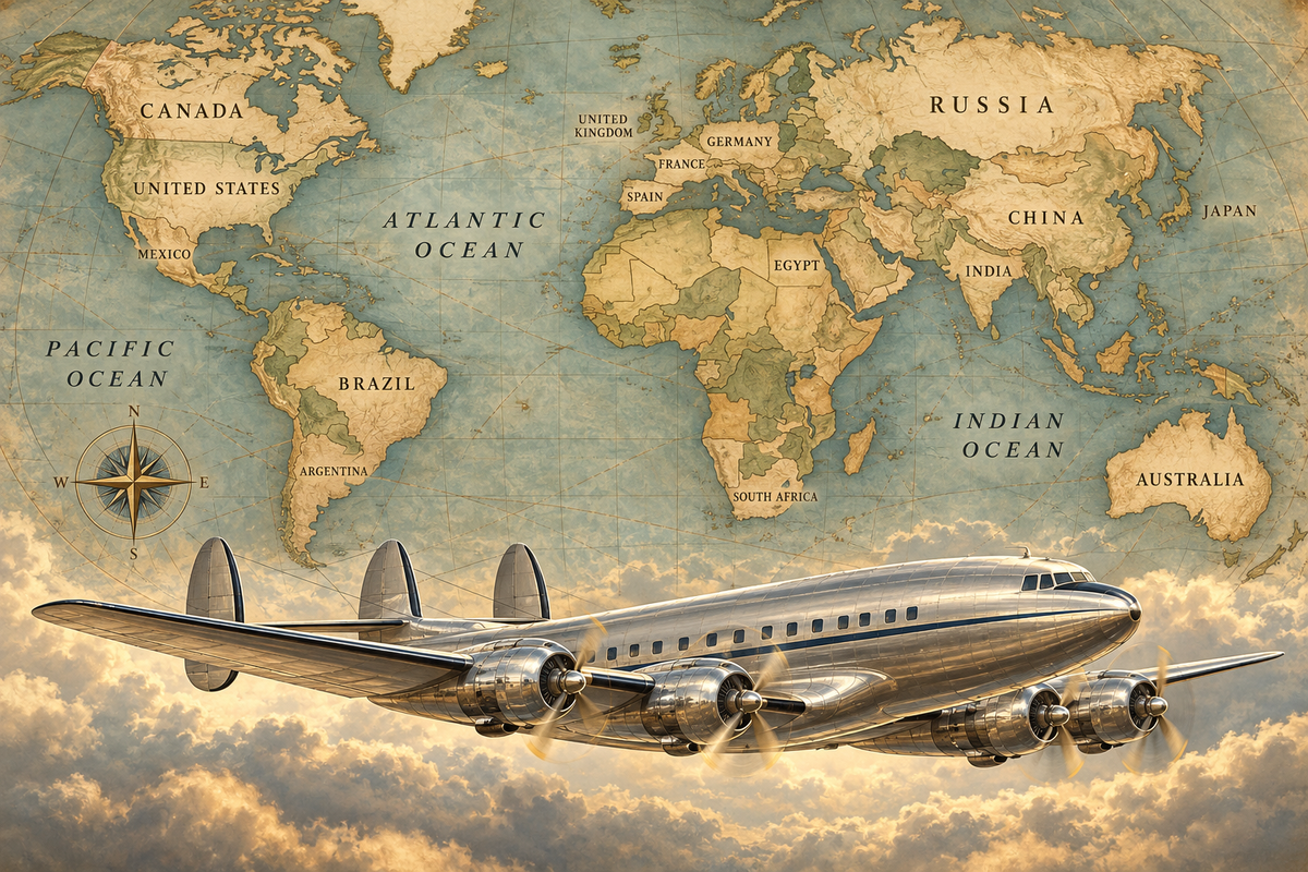Constellation Skyways airplane and labeled world map mural artwork