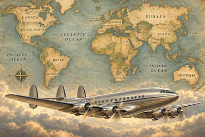 Constellation Skyways airplane and labeled world map mural artwork