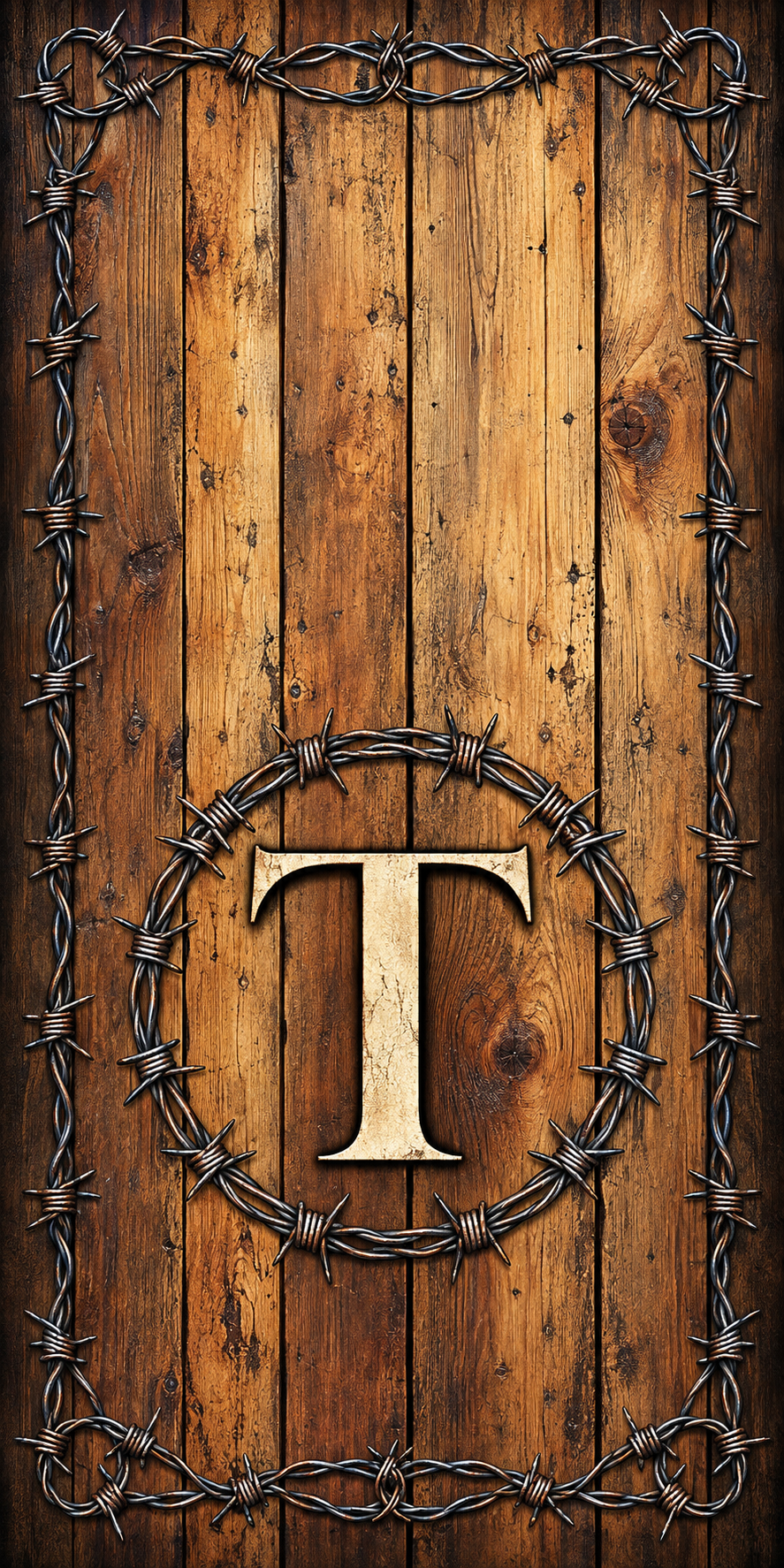 Stylish aged wood and barbed wire monogram wrap artwork; sample initial T, no hole