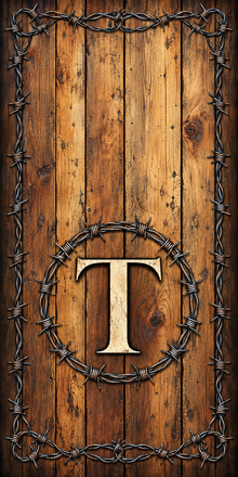 Stylish aged wood and barbed wire monogram wrap artwork; sample initial T, no hole