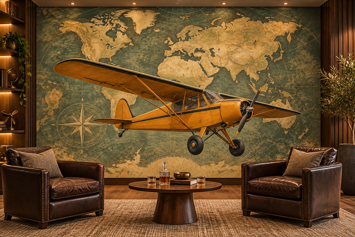 Golden Age Explorer World Map wall mural — aviation lounge mockup