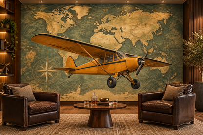 Golden Age Explorer World Map wall mural — aviation lounge mockup