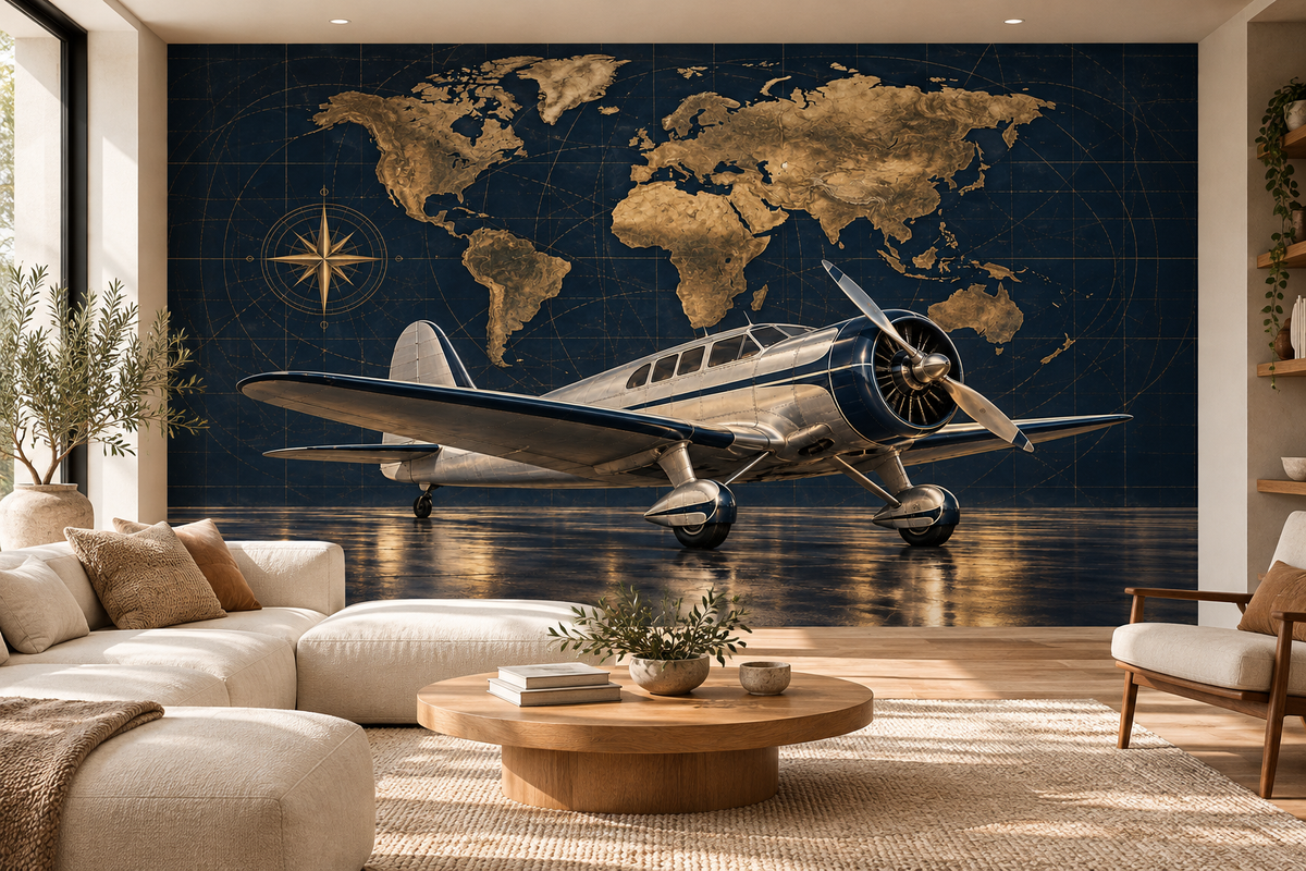 Midnight Aviator Brass Atlas wall mural — living room mockup