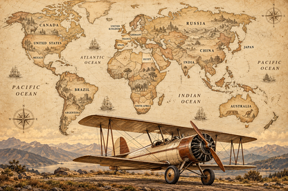 Heritage Biplane Labeled World Atlas airplane mural with country and ocean names