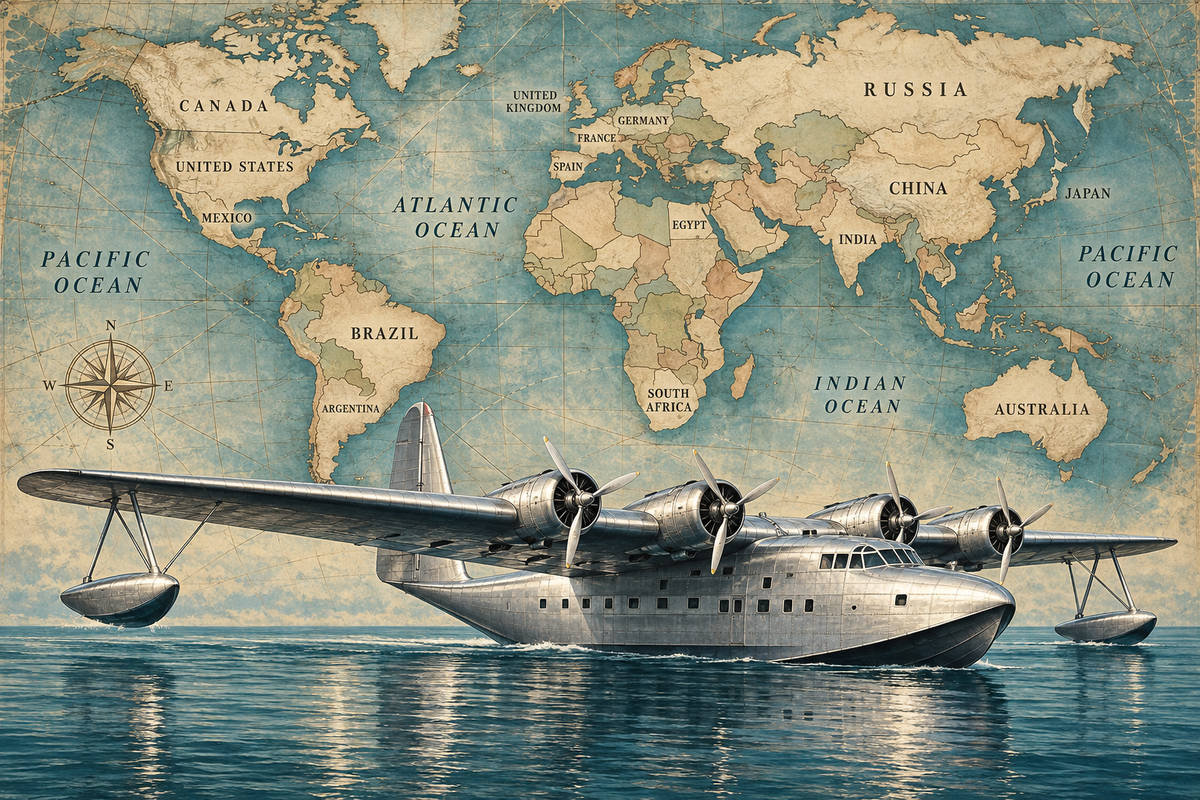 Ocean Voyager Flying Boat airplane and labeled world map mural artwork