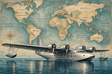 Ocean Voyager Flying Boat airplane and labeled world map mural artwork