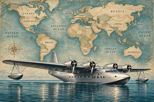 Ocean Voyager Flying Boat airplane and labeled world map mural artwork