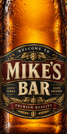 Amber craft beer label cornhole wrap artwork; sample MIKE’S BAR personalization, no hole