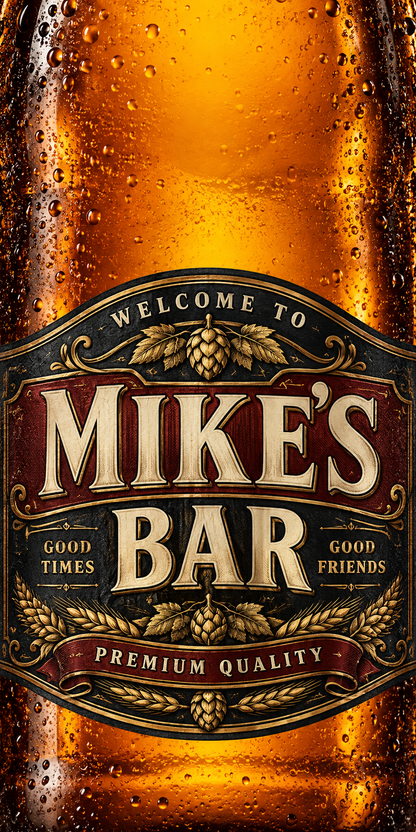 Amber craft beer label cornhole wrap artwork; sample MIKE’S BAR personalization, no hole
