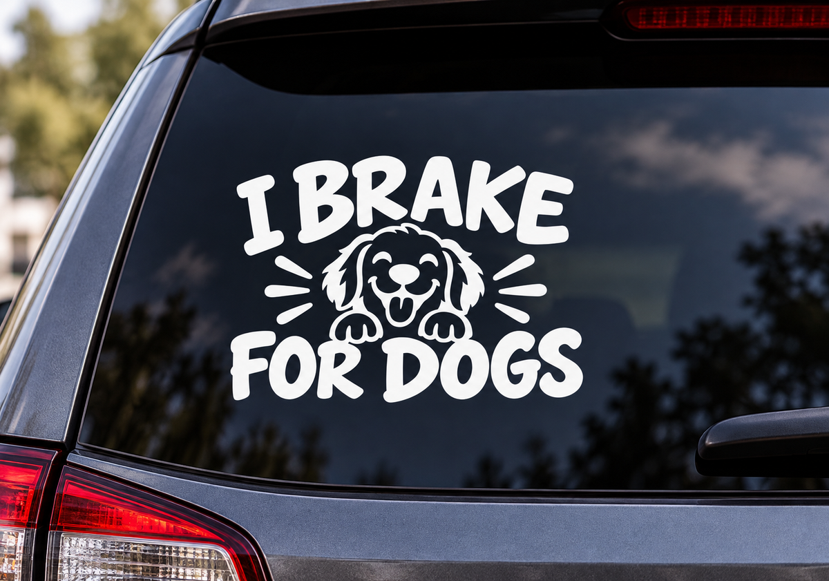 I Brake for Dogs decal on a car window