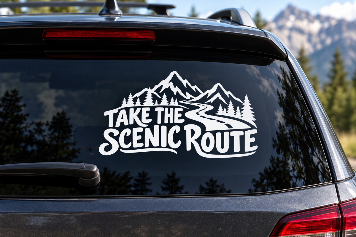 Take the Scenic Route decal on a car window