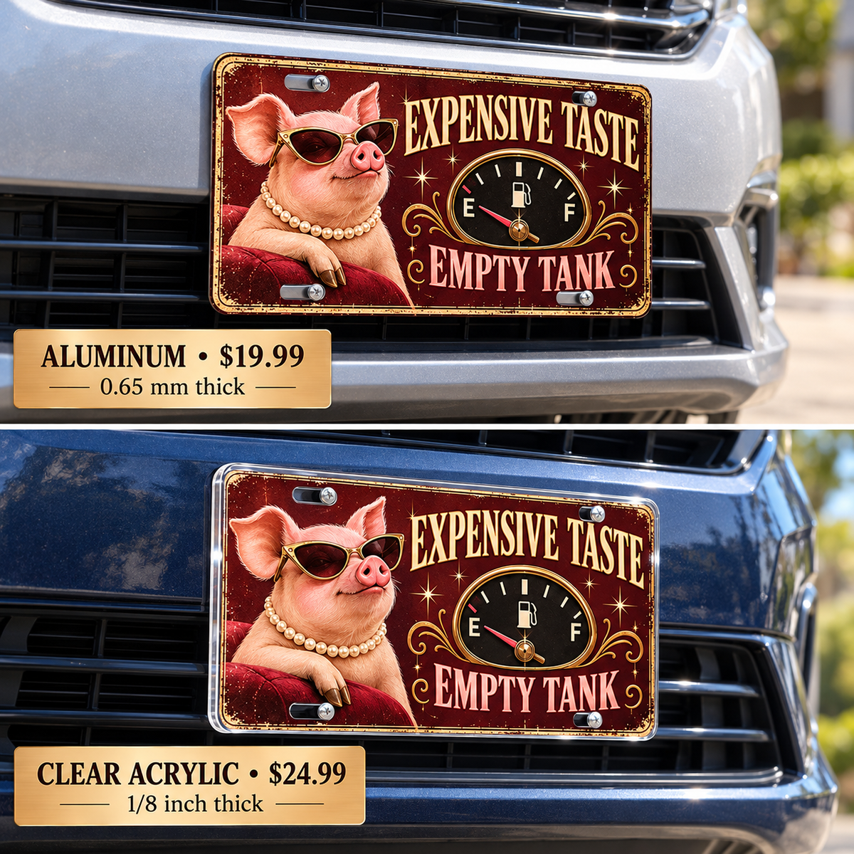 Expensive Taste Empty Tank funny license plate — aluminum and acrylic plates mounted on vehicles