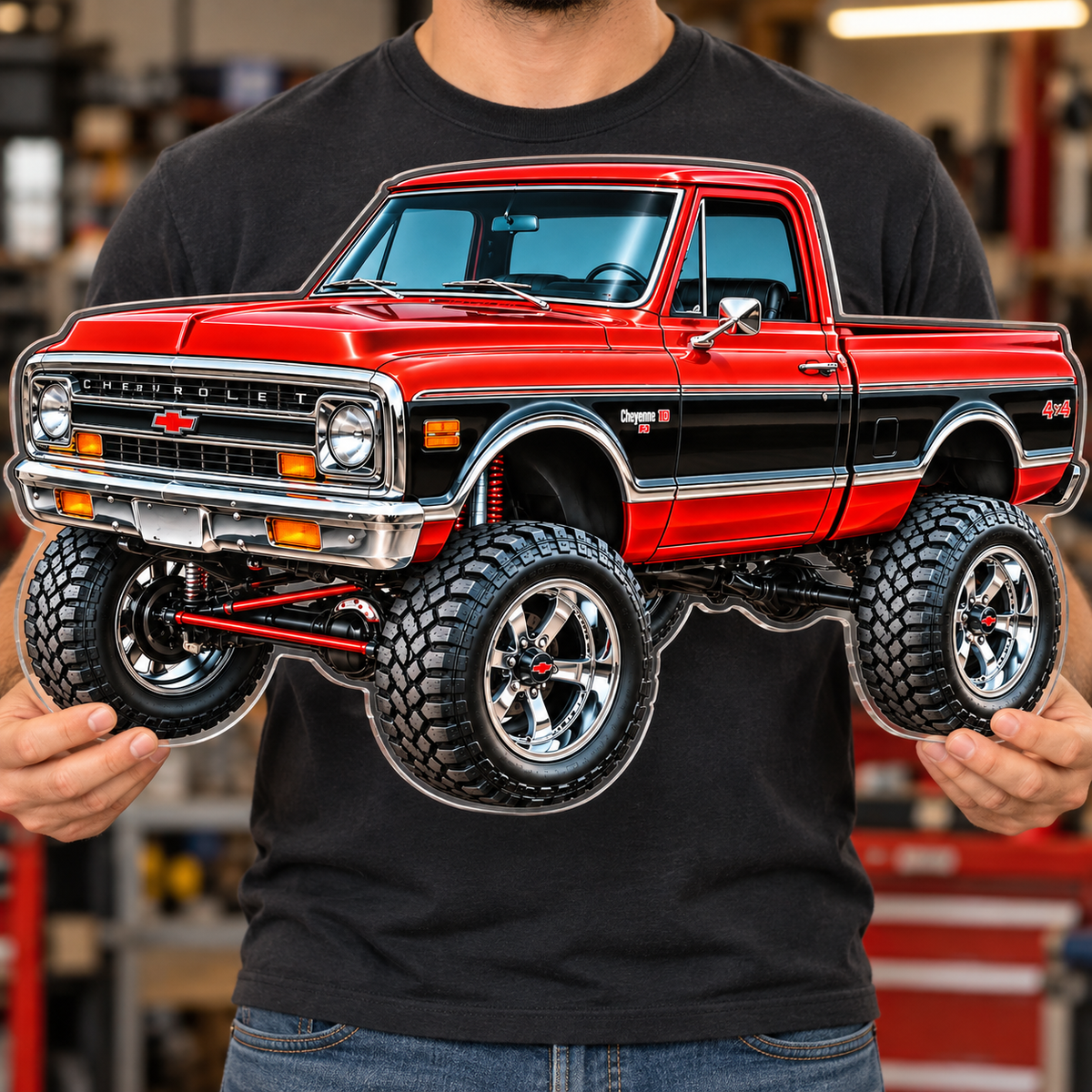 Red & Black Classic Lifted Truck contour cut acrylic wall sign — held mockup