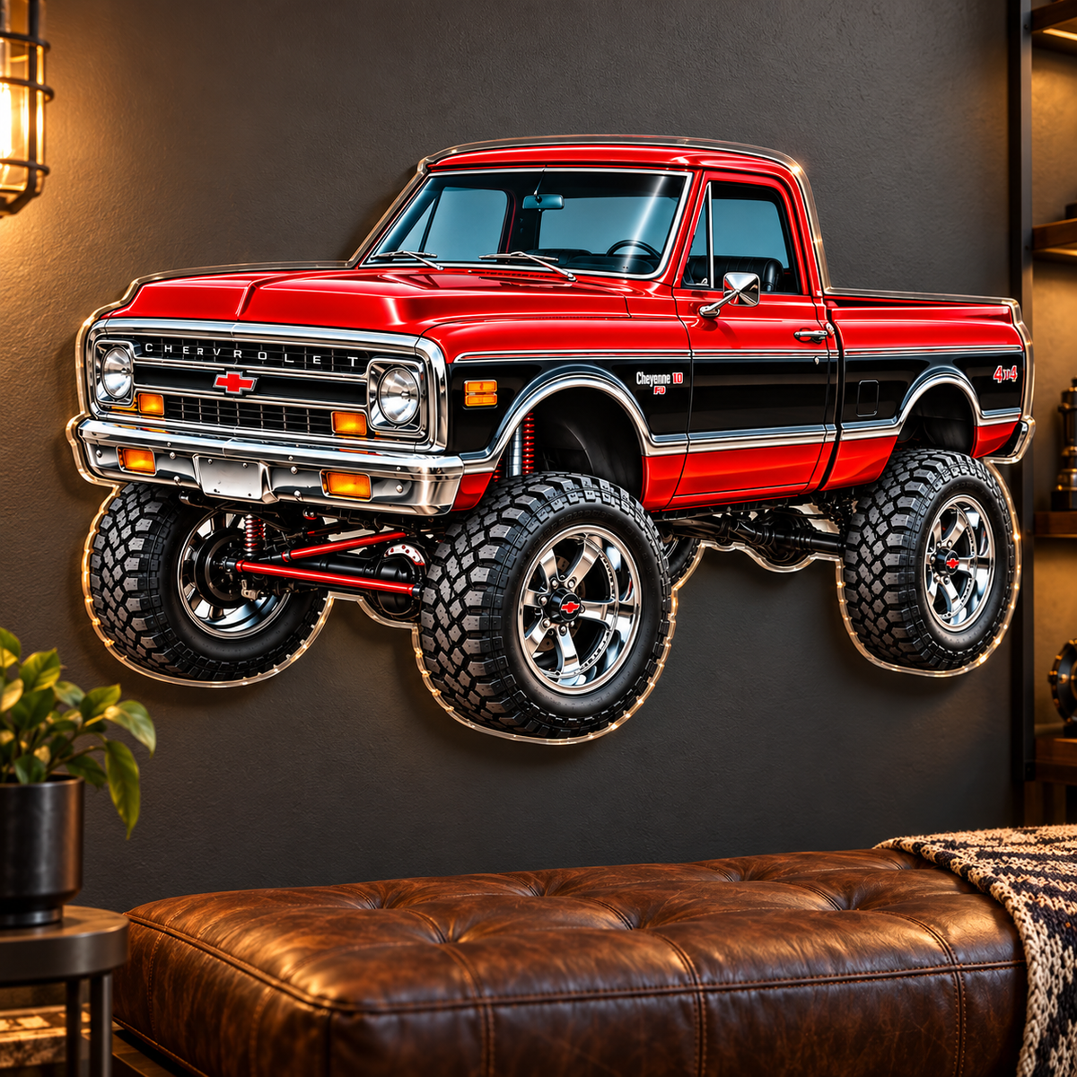 Red & Black Classic Lifted Truck contour cut acrylic wall sign — lounge mockup