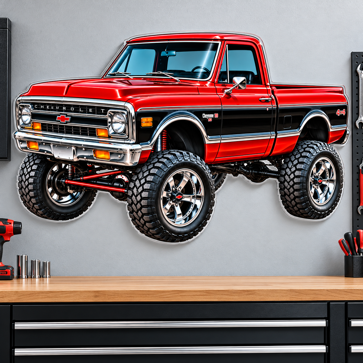 Red & Black Classic Lifted Truck contour cut acrylic wall sign — wall mockup