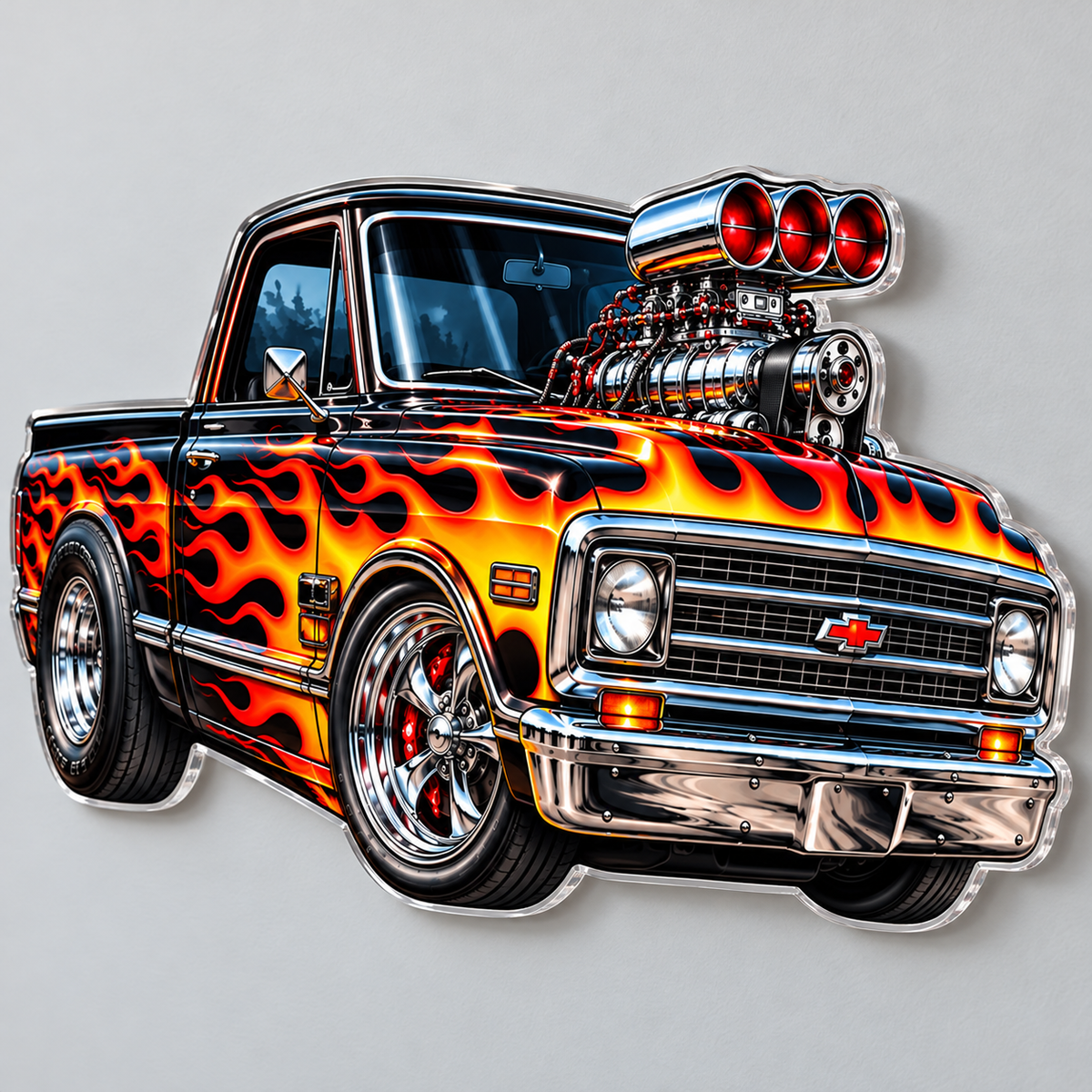 Flame Muscle Truck contour cut acrylic wall sign — angle mockup