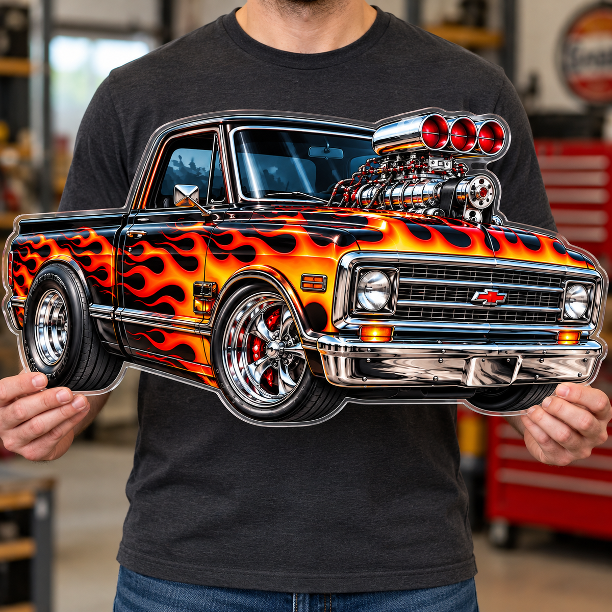 Flame Muscle Truck contour cut acrylic wall sign — held mockup