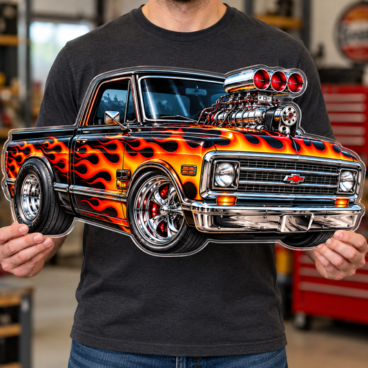 Flame Muscle Truck contour cut acrylic wall sign — held mockup