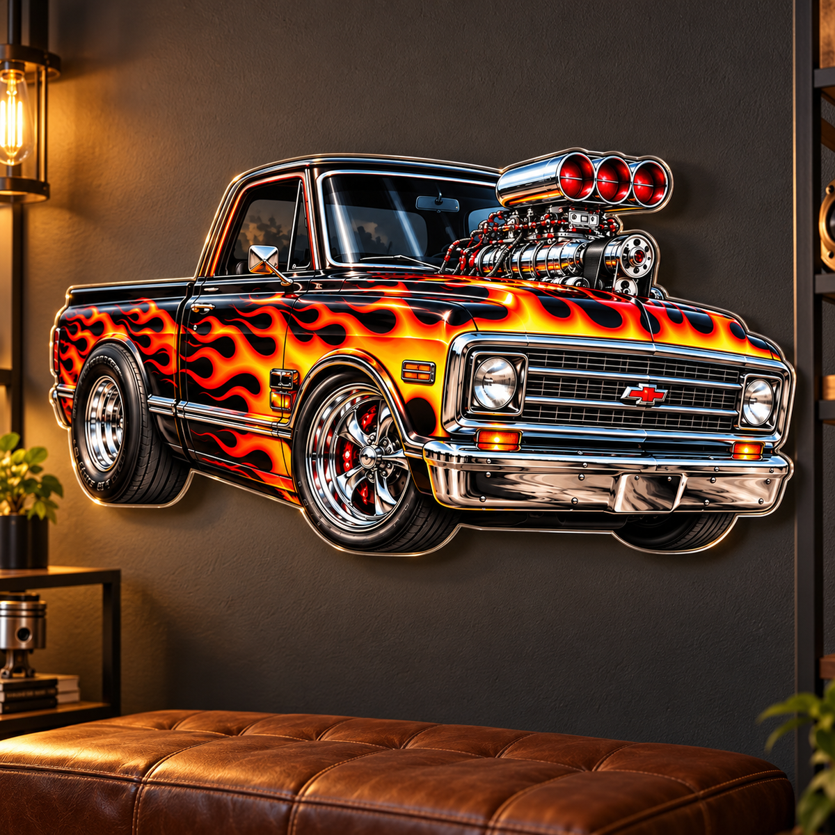 Flame Muscle Truck contour cut acrylic wall sign — lounge mockup