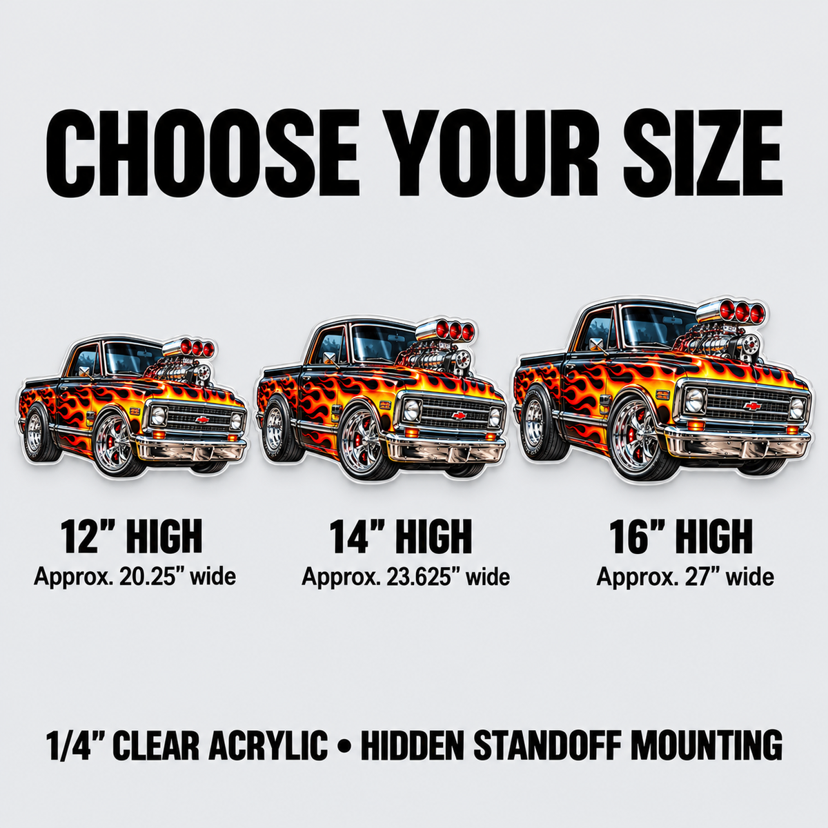 Flame Muscle Truck contour cut acrylic wall sign — sizes mockup