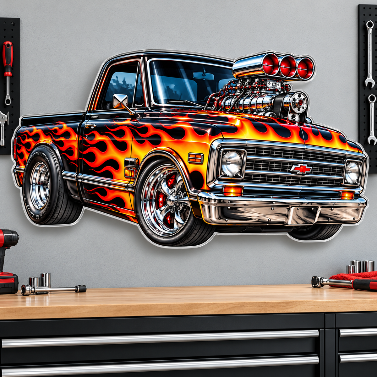 Flame Muscle Truck contour cut acrylic wall sign — wall mockup