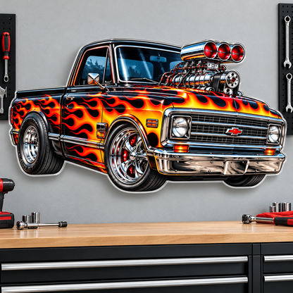 Flame Muscle Truck contour cut acrylic wall sign — wall mockup