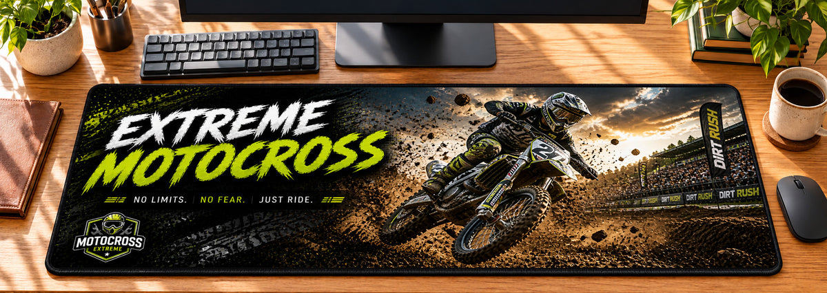 Extreme Motocross Dirt Rush Desk Mat in use on a warm wood office desk — overhead workspace view