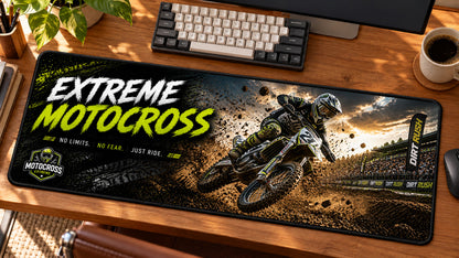 Extreme Motocross Dirt Rush Desk Mat in use on a warm wood office desk — angled workspace view