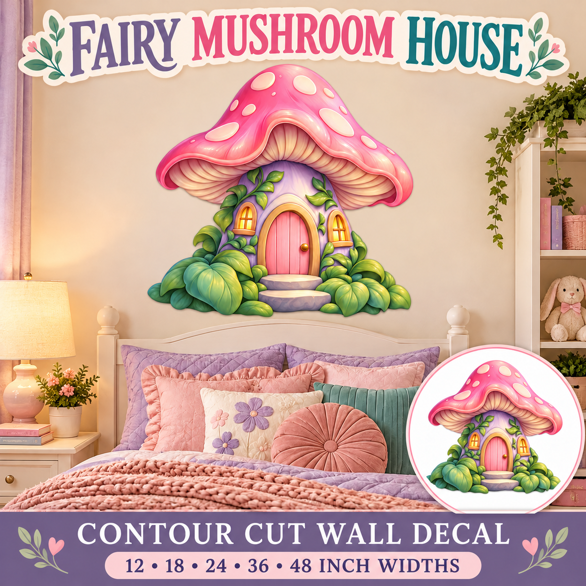 Fairy Mushroom House – Girls Room Wall Decal summary and bedroom mockup – 12 to 48 inch widths