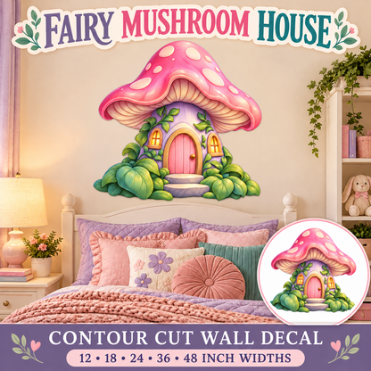 Fairy Mushroom House – Girls Room Wall Decal summary and bedroom mockup – 12 to 48 inch widths