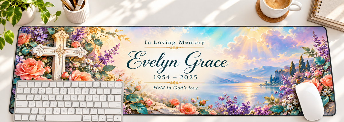 Faith and Eternal Blooms personalized memorial desk mat — overhead workspace mockup