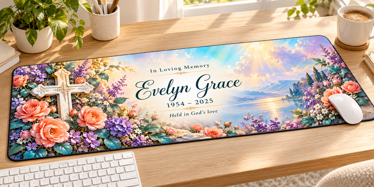 Faith and Eternal Blooms personalized memorial desk mat — angled workspace mockup