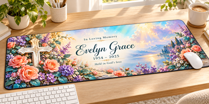 Faith and Eternal Blooms personalized memorial desk mat — angled workspace mockup