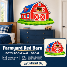 Farmyard Red Barn – Boys Room Wall Decal summary and bedroom mockup – 12 to 48 inch widths
