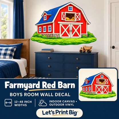 Farmyard Red Barn – Boys Room Wall Decal summary and bedroom mockup – 12 to 48 inch widths