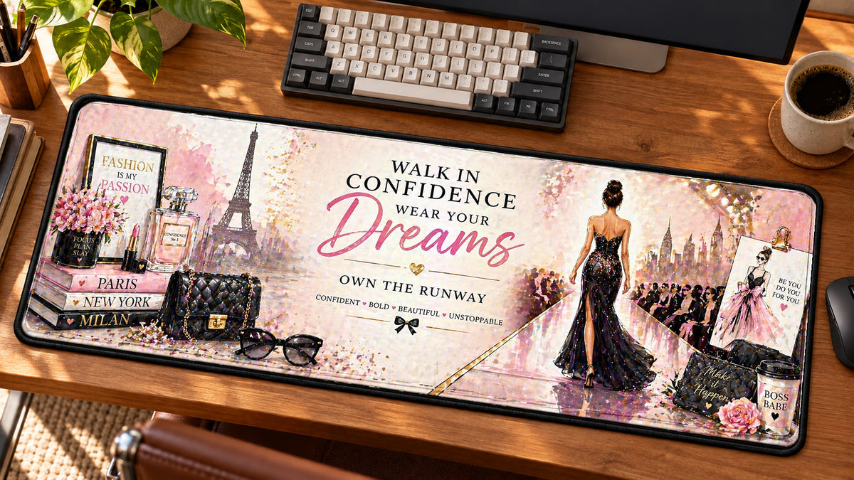 Fashion Runway Confidence Desk Mat in use on a warm wood office desk — angled workspace view