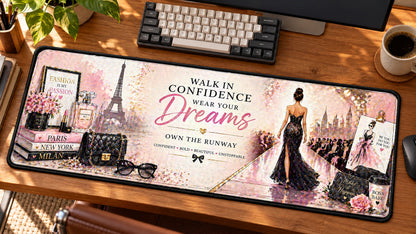 Fashion Runway Confidence Desk Mat in use on a warm wood office desk — angled workspace view