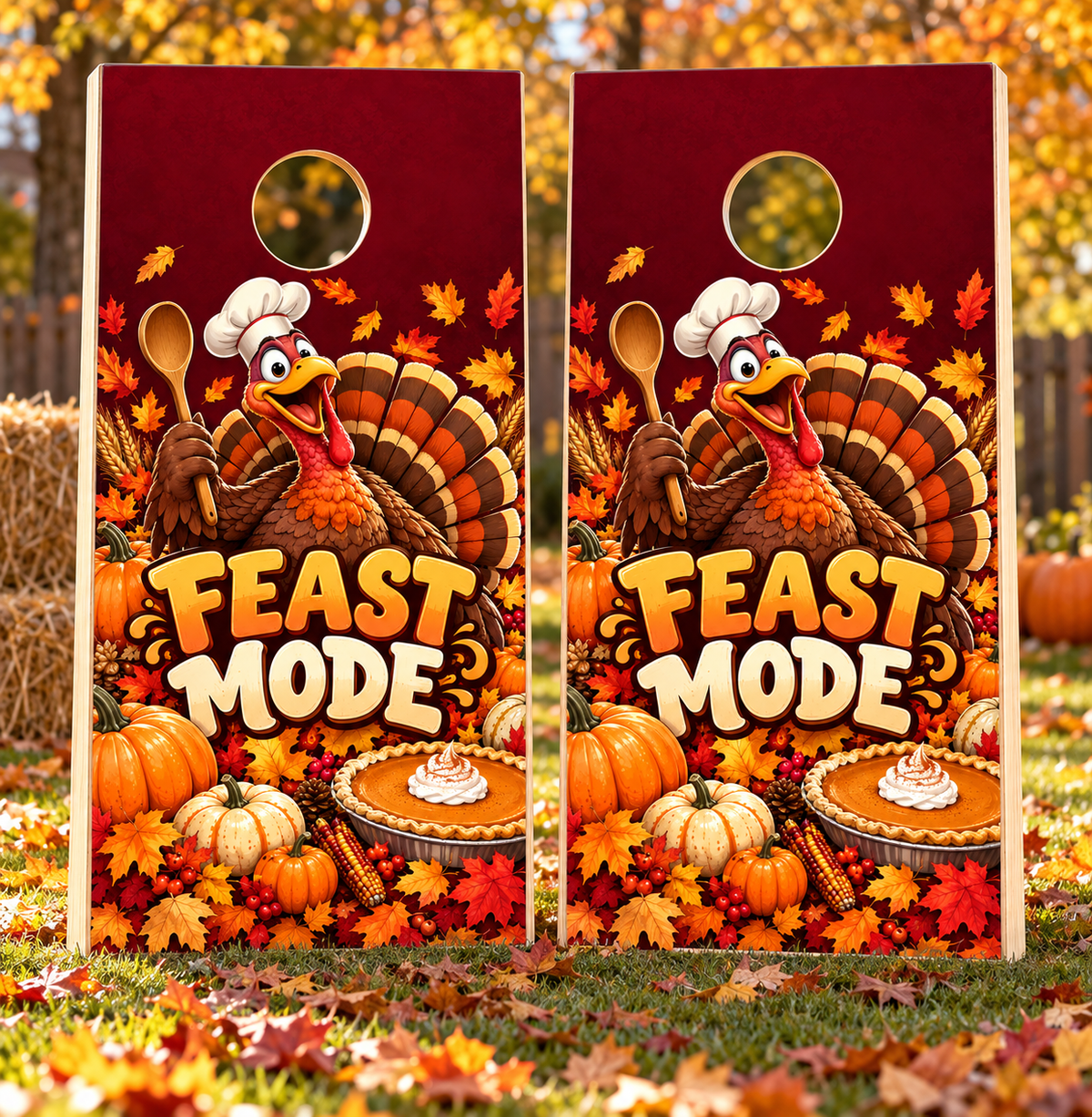 Feast Mode Funny Turkey Thanksgiving Cornhole Board Wraps board pair mockup